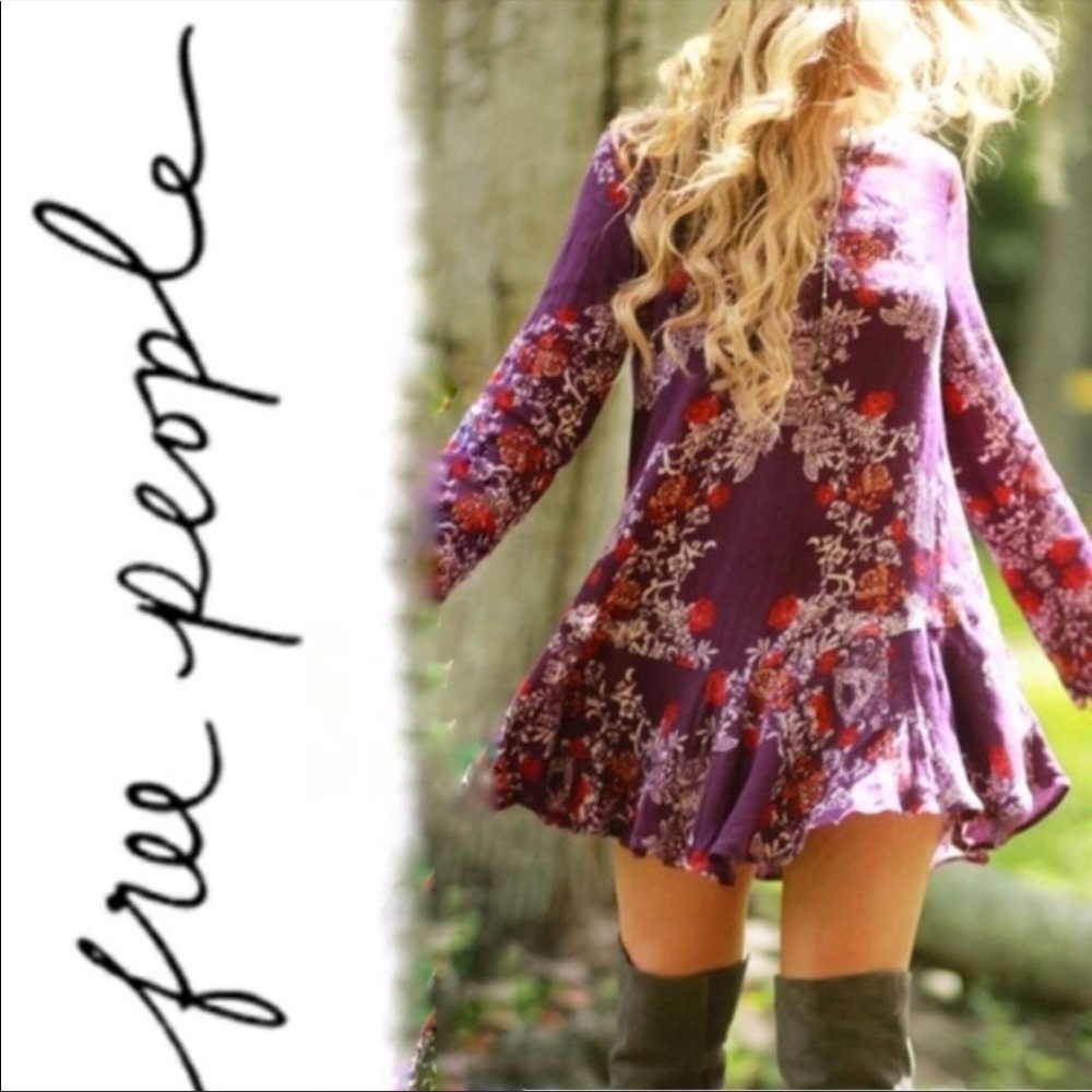 Free People Floral Long Sleeve Cut Out Back Dress Size XS Boho Fairy Whimsigoth
